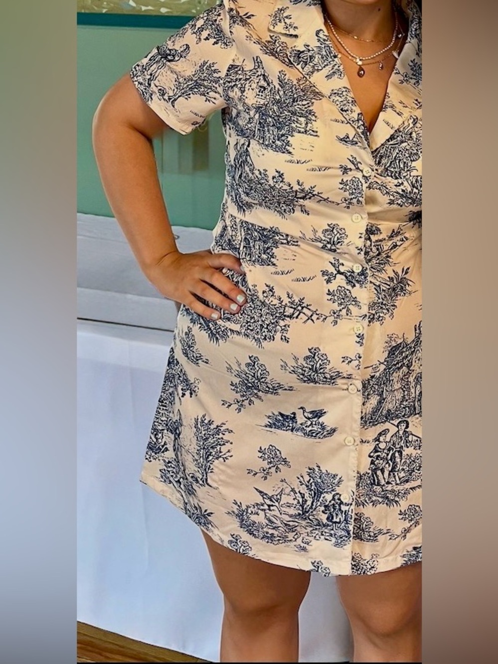 Boutique Mini Dress | Blue & White Toile | size 10